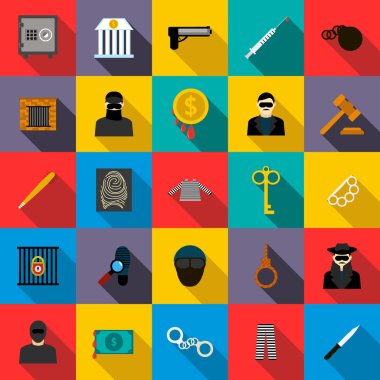 Suç Icons set, düz stil