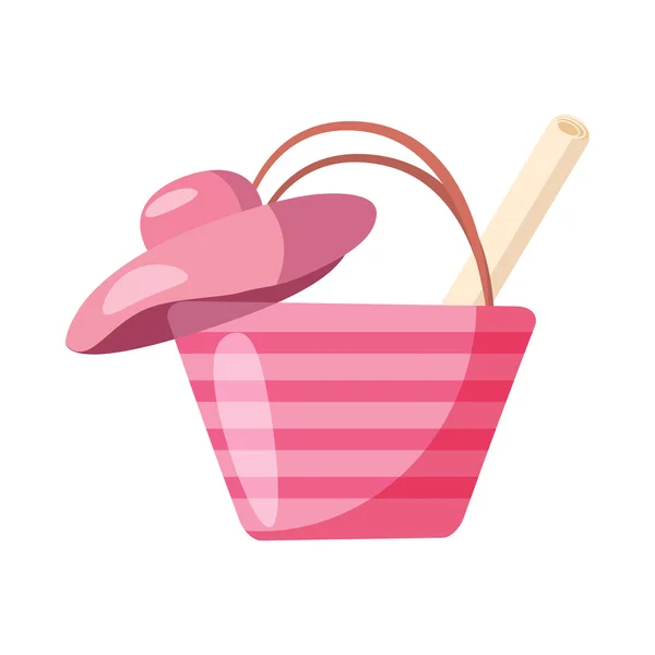 Sac de plage rose et icône chapeau, style dessin animé — Image vectorielle