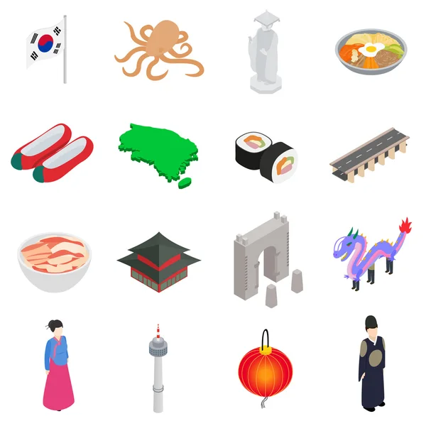 Conjunto de iconos de Corea del Sur, estilo isométrico 3d — Vector de stock