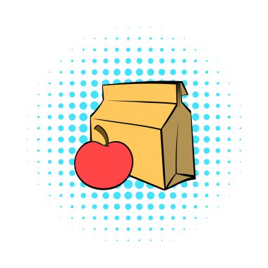 Elma ve öğle yemeği simgesi çizgi roman tarzı ile bir kağıt torba