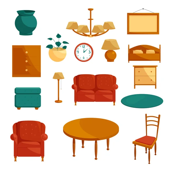 Ensemble d'icônes de meubles, style dessin animé — Image vectorielle