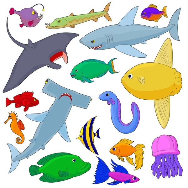 Ryby ikony nastavit, kreslený styl — Stockový vektor