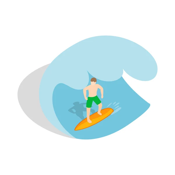 Surfista montando o ícone de onda, estilo 3D isométrico — Vetor de Stock