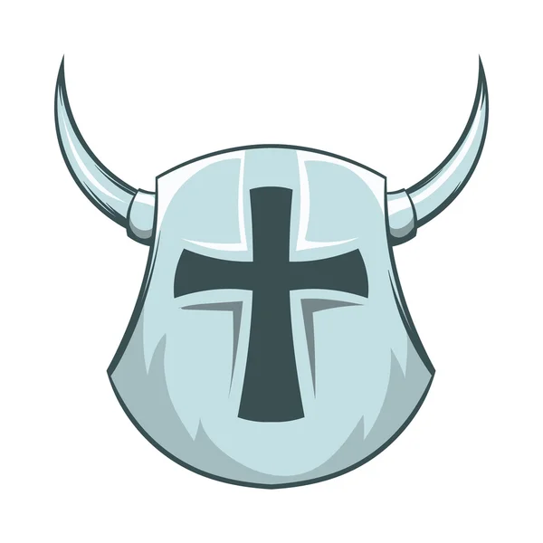 Escudo medieval con cruz y cuernos icono — Vector de stock