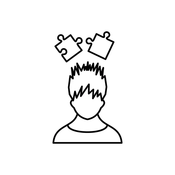 Hombre con puzzles sobre el icono de la cabeza, estilo de contorno — Archivo Imágenes Vectoriales