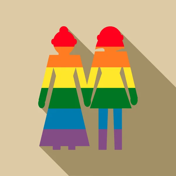 Женская пара в радужных цветах значок, плоский стиль — стоковый вектор