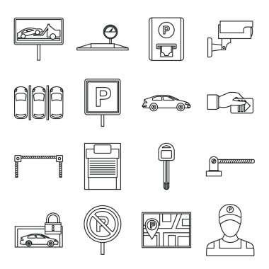 Araba park Icons set, anahat stili