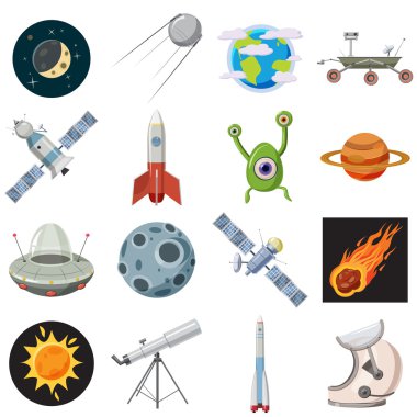 Uzay Icons set, karikatür tarzı
