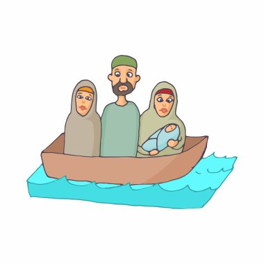 Bir tekne simgesi, karikatür tarzı mülteciler