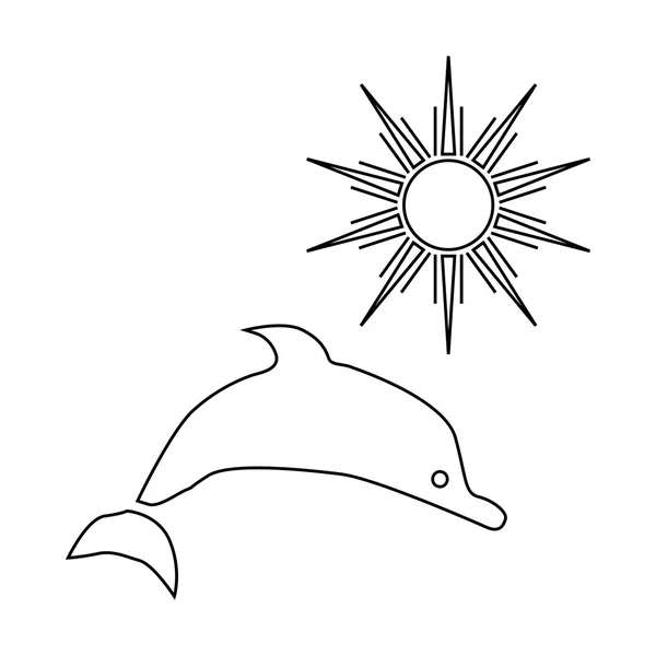 Sun and sea with dolphin icon, outline style — Stock Vector