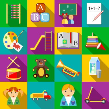 Okul öncesi Icons set, düz stil