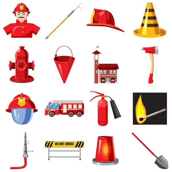 Conjunto de iconos del Departamento de Bomberos, estilo de dibujos animados — Vector de stock