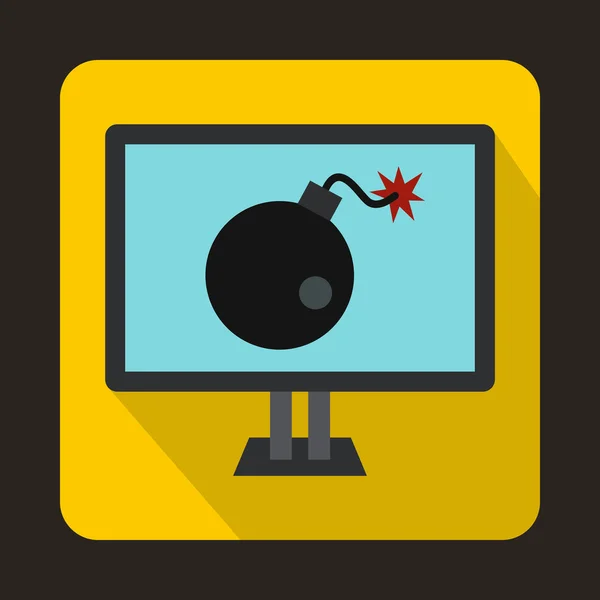 Bomba en el icono del monitor de la computadora, estilo plano — Archivo Imágenes Vectoriales