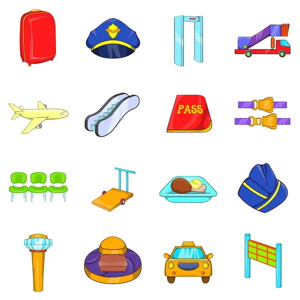 Conjunto de iconos del aeropuerto, estilo de dibujos animados — Vector de stock