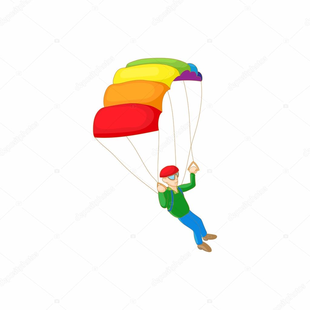 Skydiver with parachute open icon, cartoon style