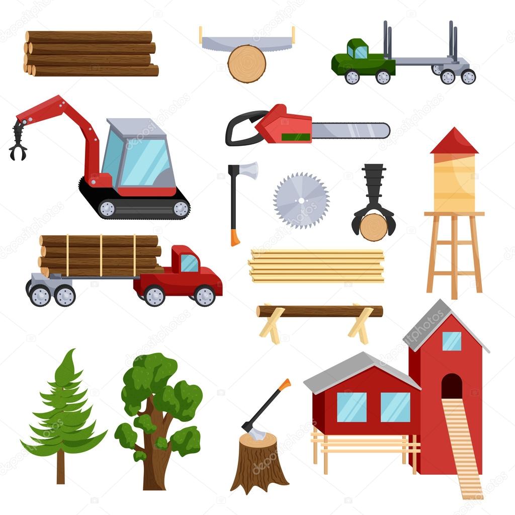 Timber industry icons set in cartoon style isolated on white background