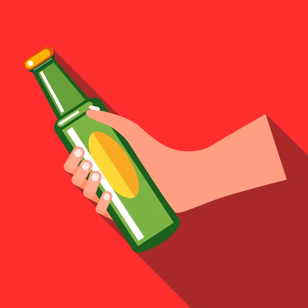 Mano sosteniendo un icono de la botella de cerveza verde, estilo plano — Archivo Imágenes Vectoriales