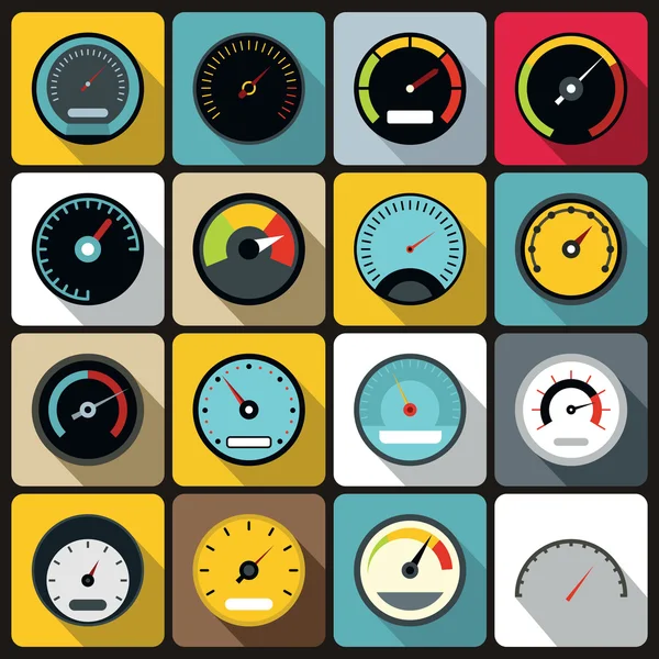 Snelheidsmeter iconen set, vlakke stijl — Stockvector