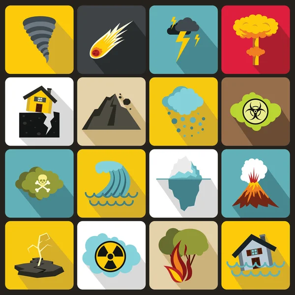 Natuurramp iconen set, platte ctyle — Stockvector