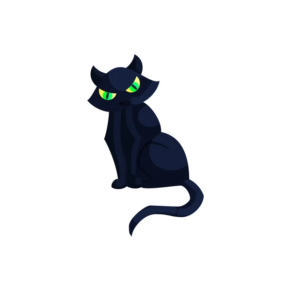 Хэллоуин черный кот с зелеными глазами значок — стоковый вектор