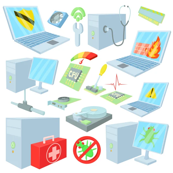 Set di icone per la riparazione di computer, stile cartone animato — Vettoriale Stock