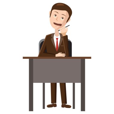 Telefon simgesi üzerinde karikatür tarzı konuşan işadamı
