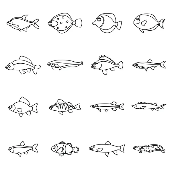 Set di icone di pesce carino, stile contorno — Vettoriale Stock