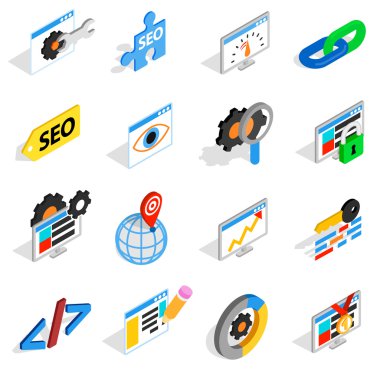 SEO Icons set, izometrik 3d stili