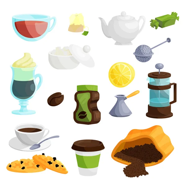 Çay ve kahve Icons set, karikatür tarzı