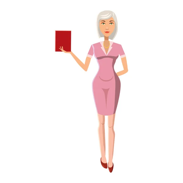 Mujer de negocios con icono de libro rojo, estilo de dibujos animados — Archivo Imágenes Vectoriales