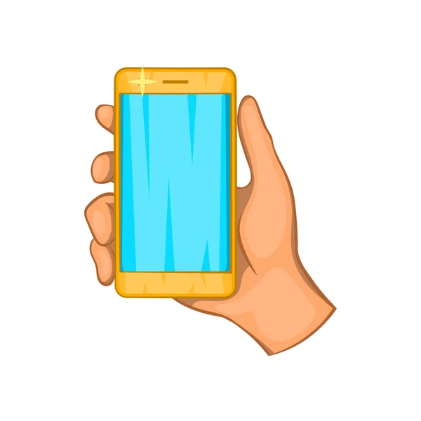 Mobile phone in hand icon, cartoon style — Stock Vector