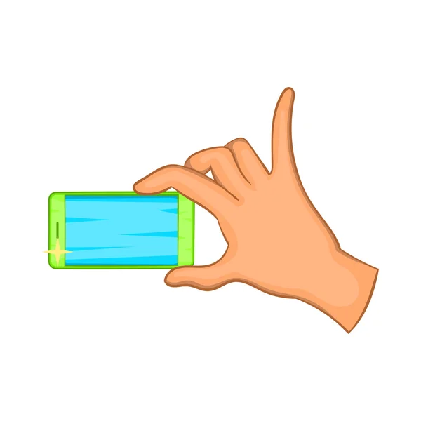 Mano tenendo icona del telefono cellulare, stile cartone animato — Vettoriale Stock