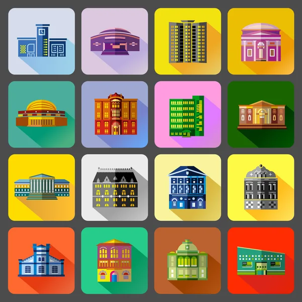 Conjunto de iconos de edificios públicos, estilo plano — Vector de stock