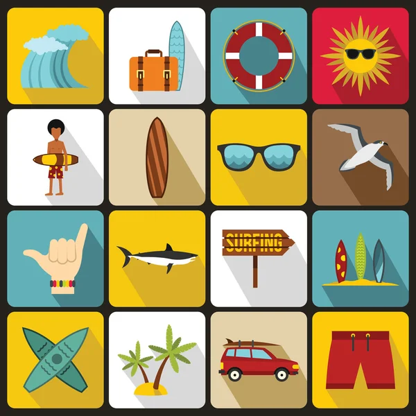 Set de iconos de surf, estilo plano — Vector de stock