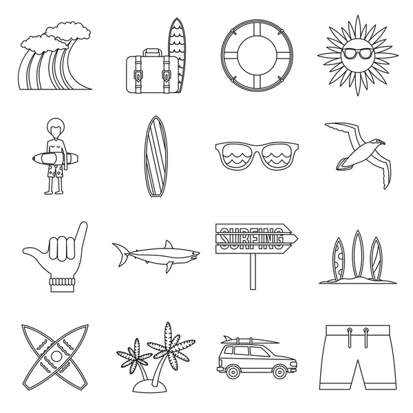 Conjunto de iconos de surf, estilo de esquema — Archivo Imágenes Vectoriales