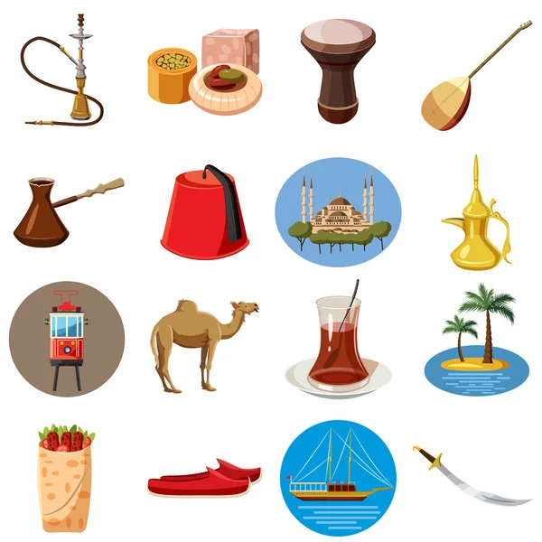 Turchia set icone di viaggio, stile cartone animato — Vettoriale Stock