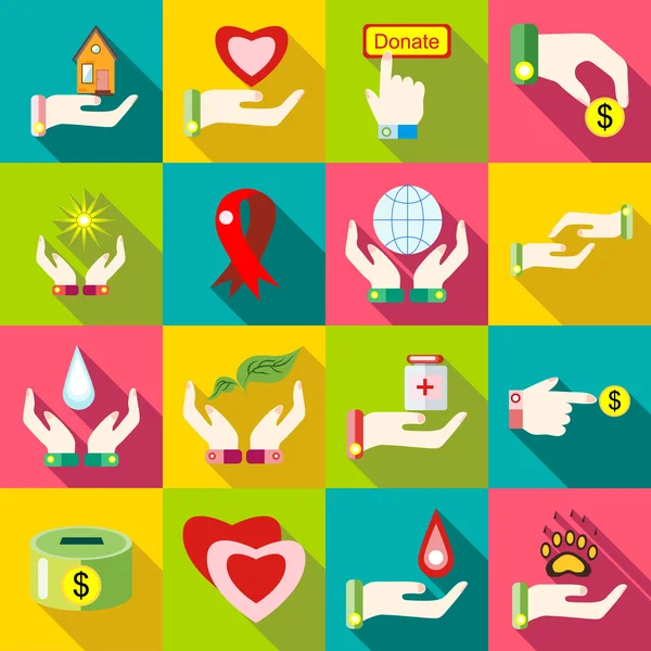 Charity icons set, flat style — Stock Vector