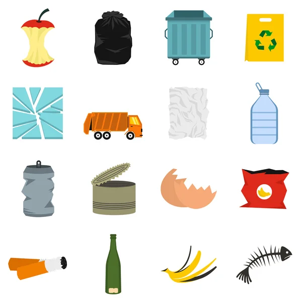 Conjunto de ícones de lixo e resíduos, estilo plano — Vetor de Stock