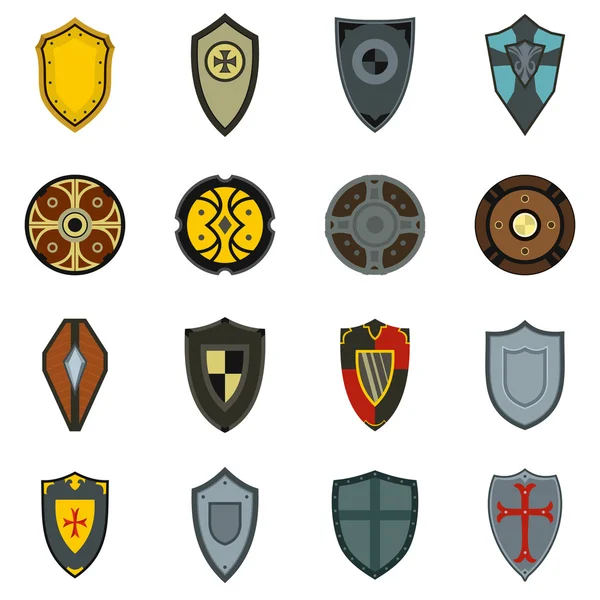 Conjunto de iconos de escudos, estilo plano — Archivo Imágenes Vectoriales
