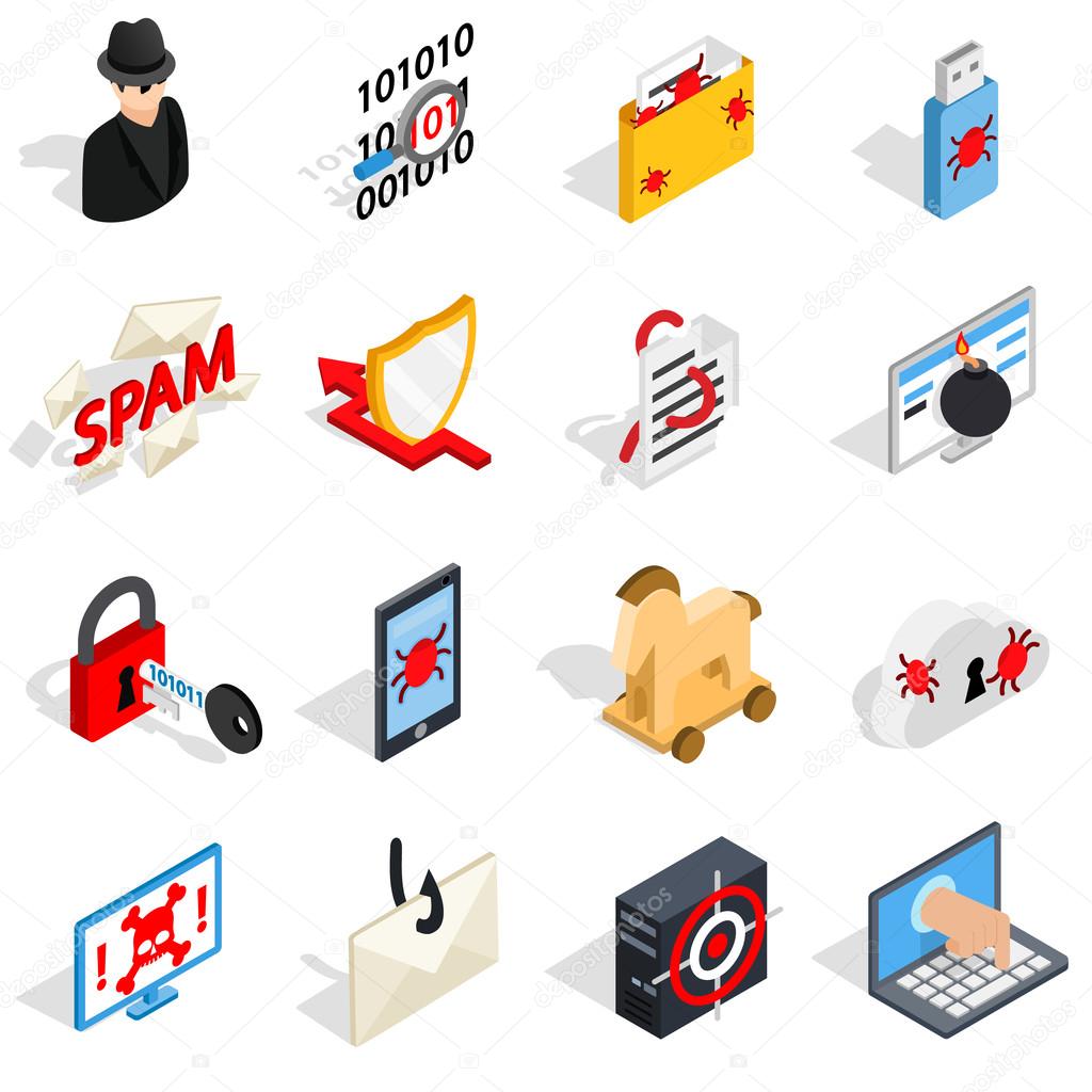 Isometric 3d hacking icons set. Universal hacking icons to use for web and mobile UI, set of basic hacking elements isolated vector illustration