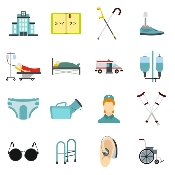 Set di icone per la cura delle persone disabili, stile piatto — Vettoriale Stock