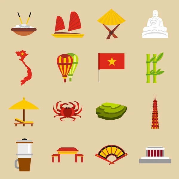 Ensemble d'icônes de voyage Vietnam, style plat — Image vectorielle