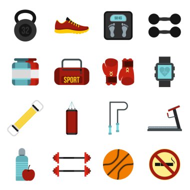 Spor salonu Icons set, düz stil