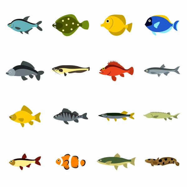Set di icone di pesce, stile piatto — Vettoriale Stock