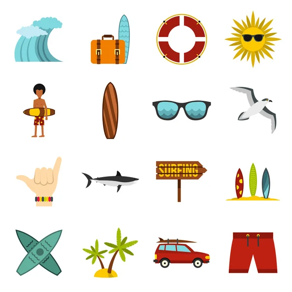 Conjunto de ícones de surf, estilo plano — Vetor de Stock