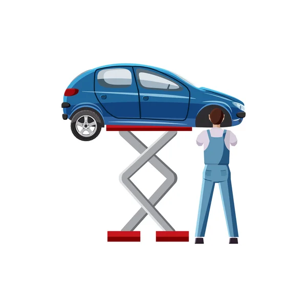 Blauwe auto op een scissor lift platform pictogram — Stockvector