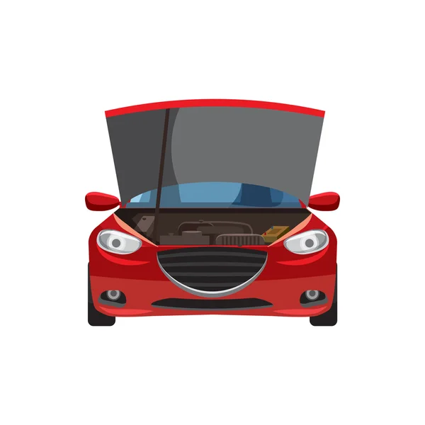 Piros autó egy nyitott hood ikonnal, rajzfilm stílusú — Stock Vector