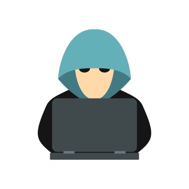 Hacker bir bilgisayar simgesi, düz stil arkasında