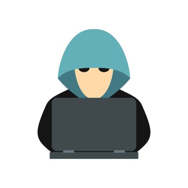 Hacker behind a computer icon, flat style clipart
