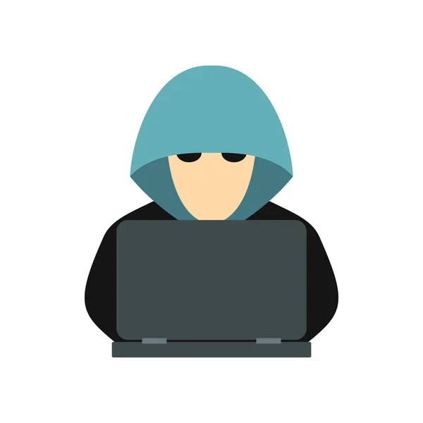 Hacker behind a computer icon, flat style — Stock Vector